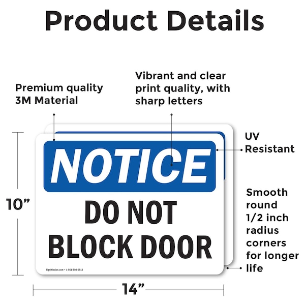 Do Not Block Door, 14 In W X Rectangle, Vinyl Decal